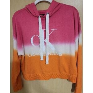 Calvin Klein Women's Small Dip Dye Logo Hoodie Crop Sweatshirt Pink White orange